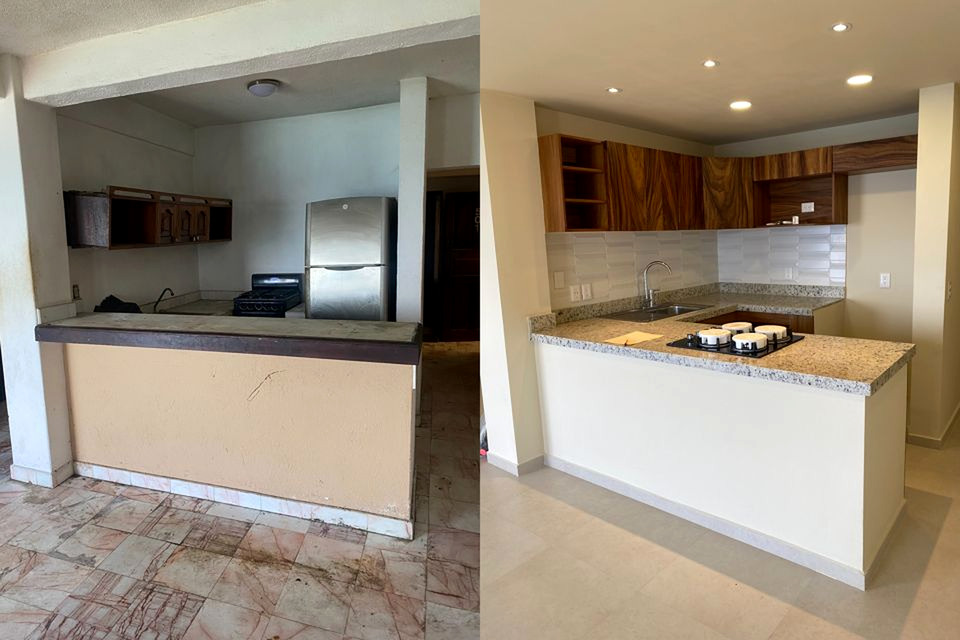 Kitchen remodeling before and after in Puerto Vallarta, showing improved layout, finishes and cabinetry